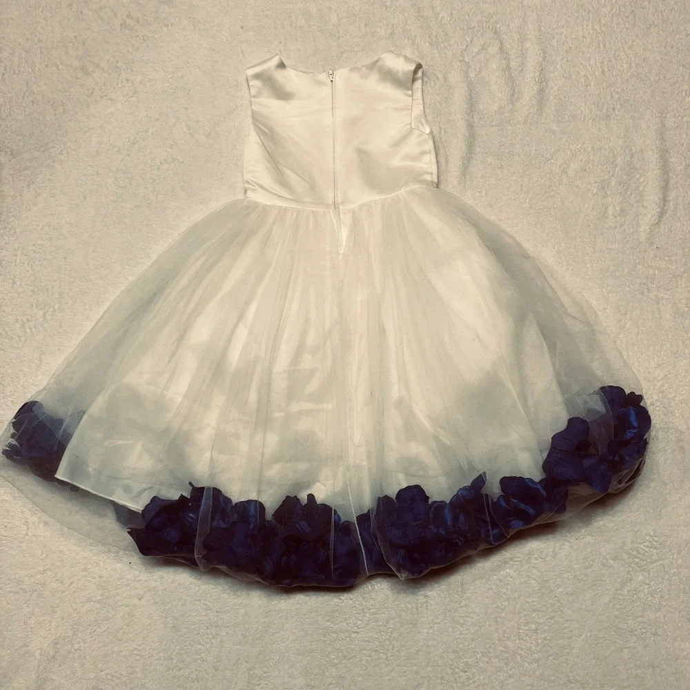 Girls White Satin Tulle Dress SZ 4 Blue Petals Sleeveless Zip Flower Girl Party - Picture 2 of 11